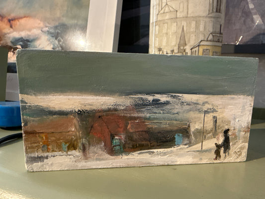 Hirwaun 1982  painting on a wood block by Sarah evans