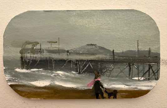 Storm Eunice Brighton woman and dog  original painting in a sardine tin