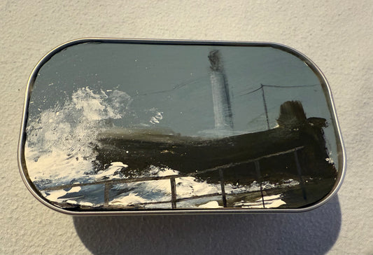 Old Portsmouth Harbour Storm Eunice original painting in a sardine tin