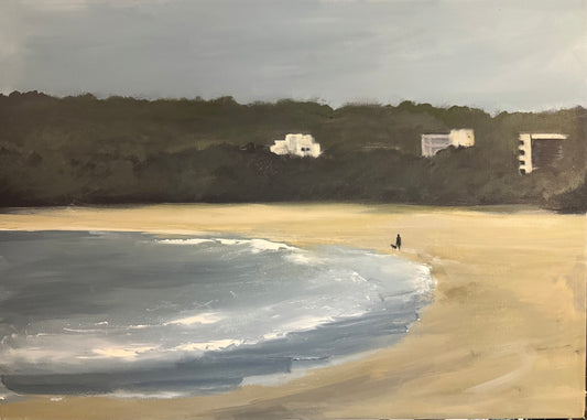 Swansea bay woman and dog original painting on large box canvas