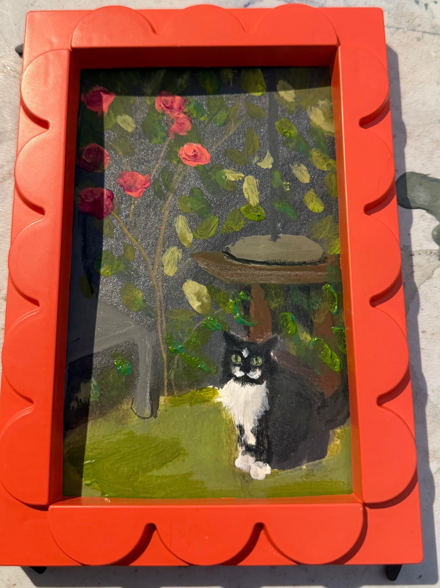 Original painting of Flash Evans helping in the garden