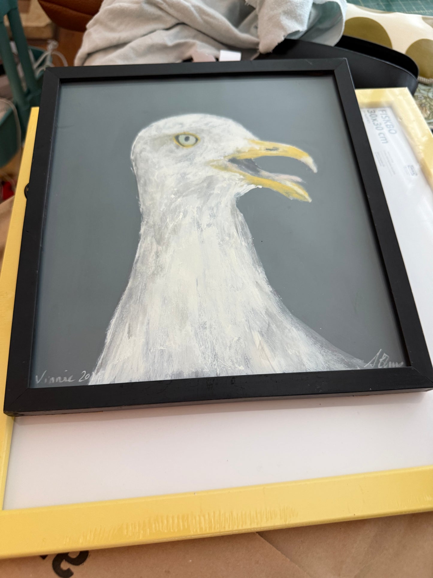 Original painting of Vinnie The Swansea Seagull acrylic on card framed