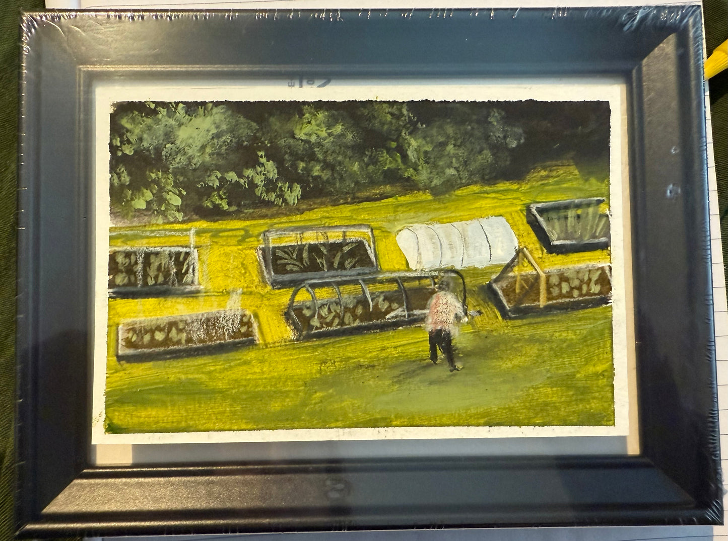 Working on the allotment original painting 13x18cm framed Sarah evans