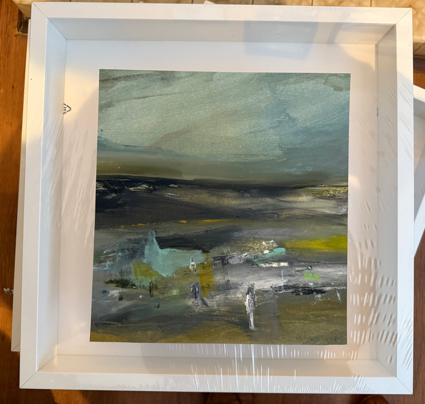 Hirwaun original painting framed in a white box frame 35cmx35cm