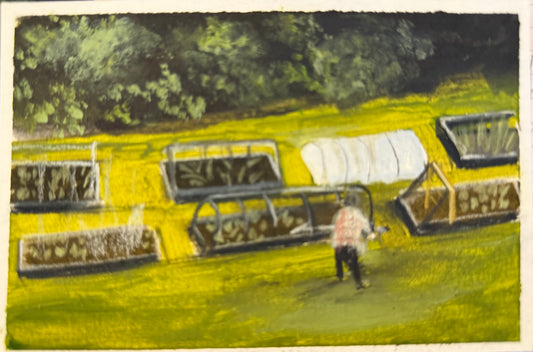 Working on the allotment original painting 13x18cm framed Sarah evans