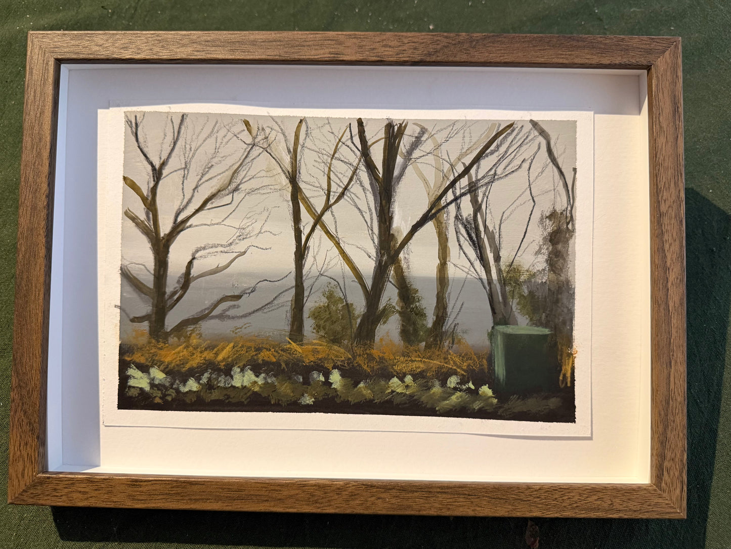 Swansea bay - trees sea and a wheely bin original painting framed