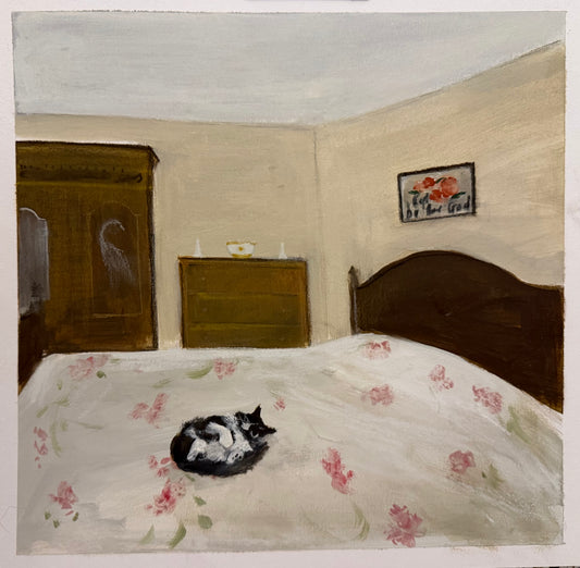 Flash Evans painting by Sarah evans on a bed at st fagans museum