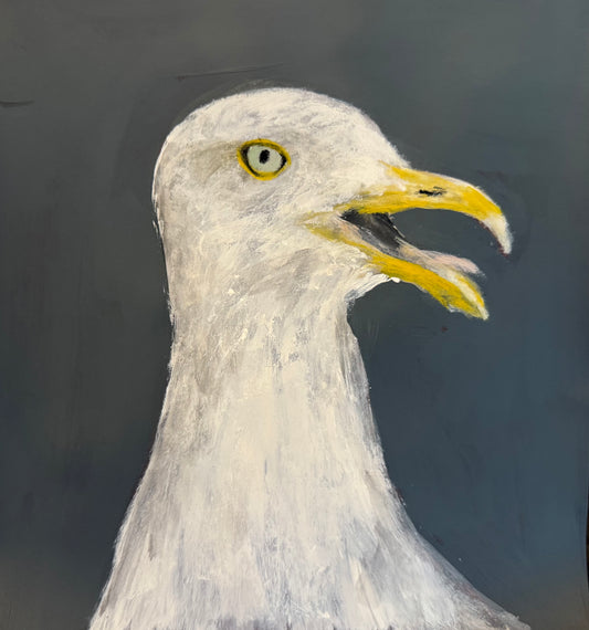 Original painting of Vinnie The Swansea Seagull acrylic on card framed