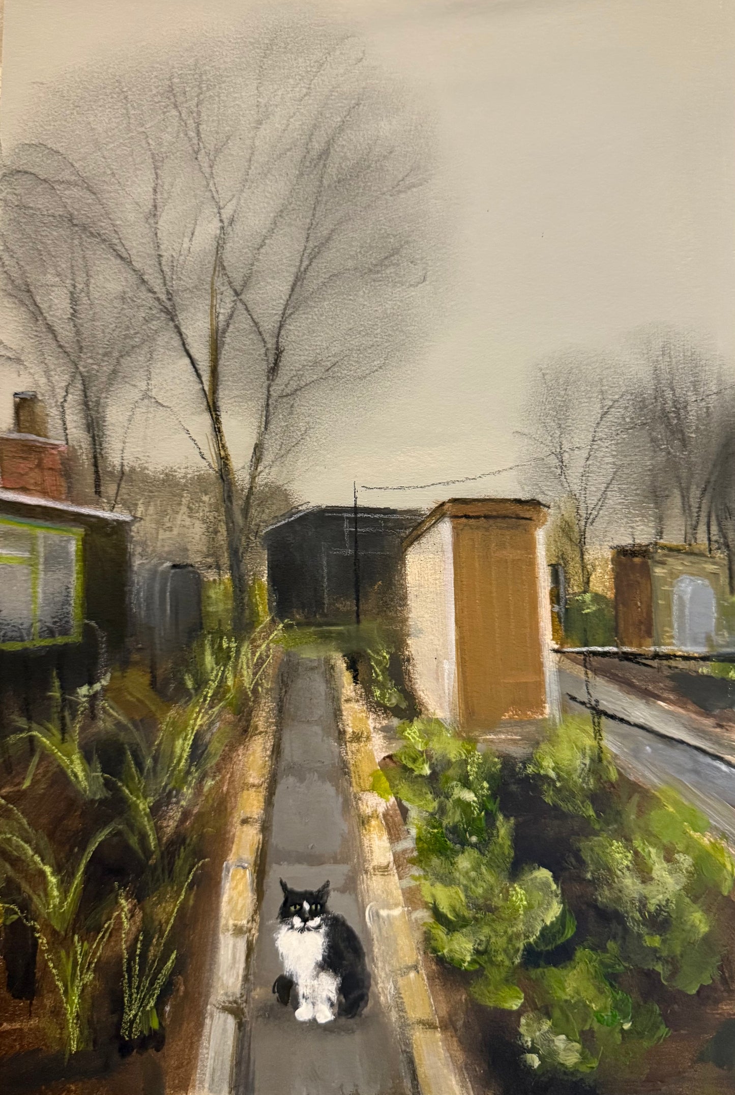 Flash evans 1940s allotment  painting by Sarah evans