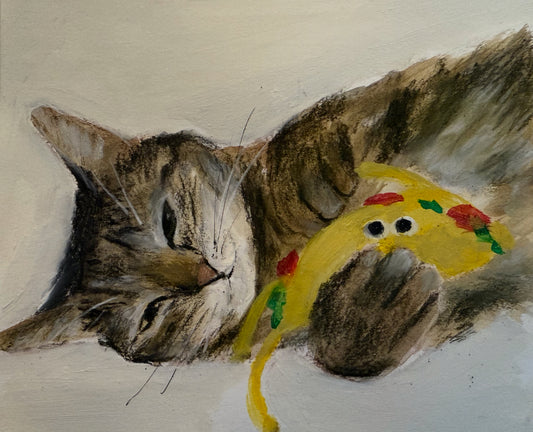 Pickle and her taco original painting framed by Sarah evans