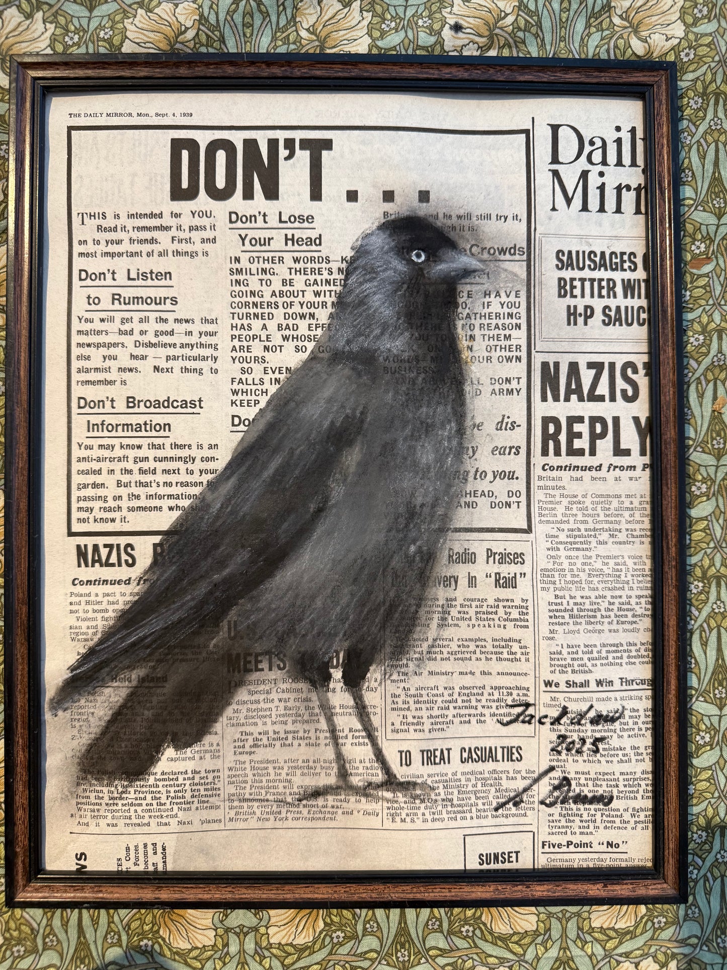 Original painting The Jackdaw by Sarah Evans framed