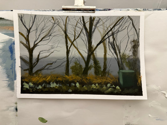 Swansea bay - trees sea and a wheely bin original painting framed