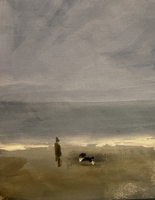 Man and dog Swansea beach original framed painting