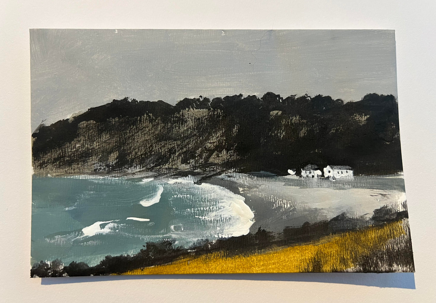 Pwll Du original paintings on a postcard and envelope sealed with a stamp