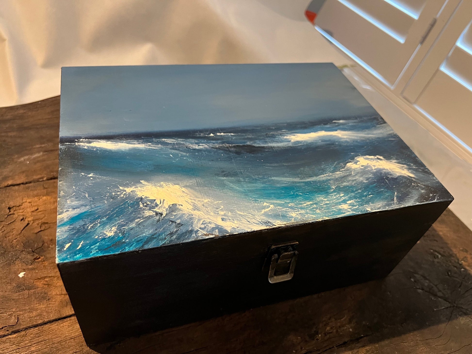 Original painting Atlantic Ocean on a wooden box by Sarah Evans